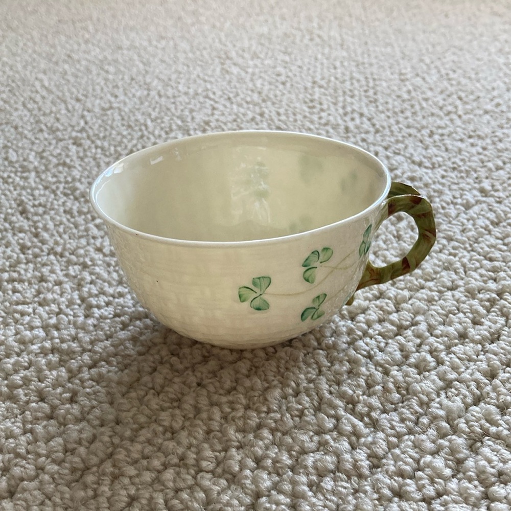 Belleek Small Tea Cup Saucer Green Cream Setting Vintage Ireland Like New